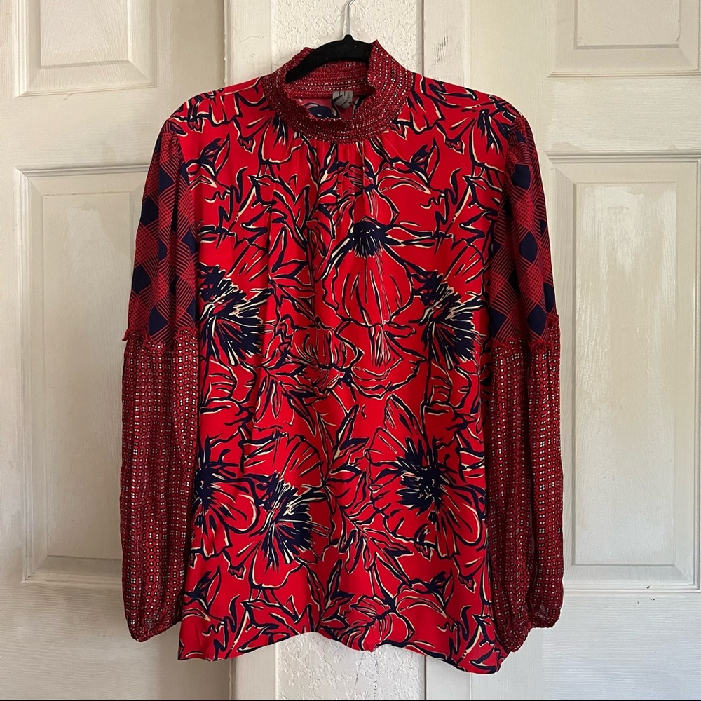 Anthropologie Bl-nk London Vivant Peasant Blouse Floral Mock Neck Size XL